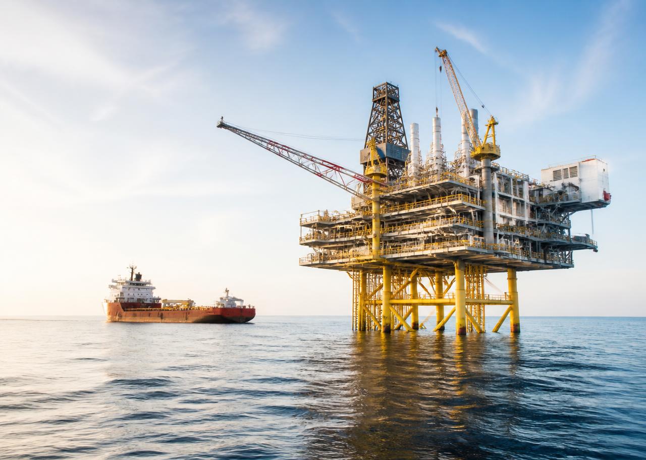 Offshore platform and vessel at sea